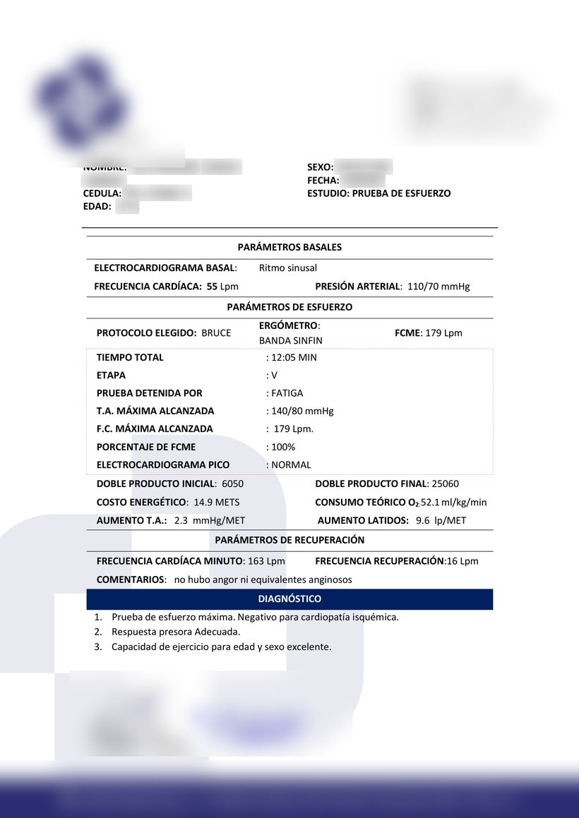 Stress test report, patient data blurred