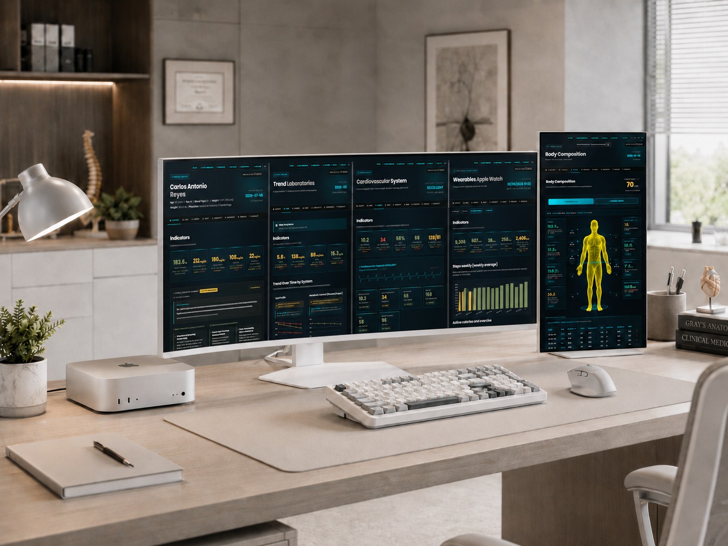 irene running on a physician's workstation: clinical panels across two displays on a desk
